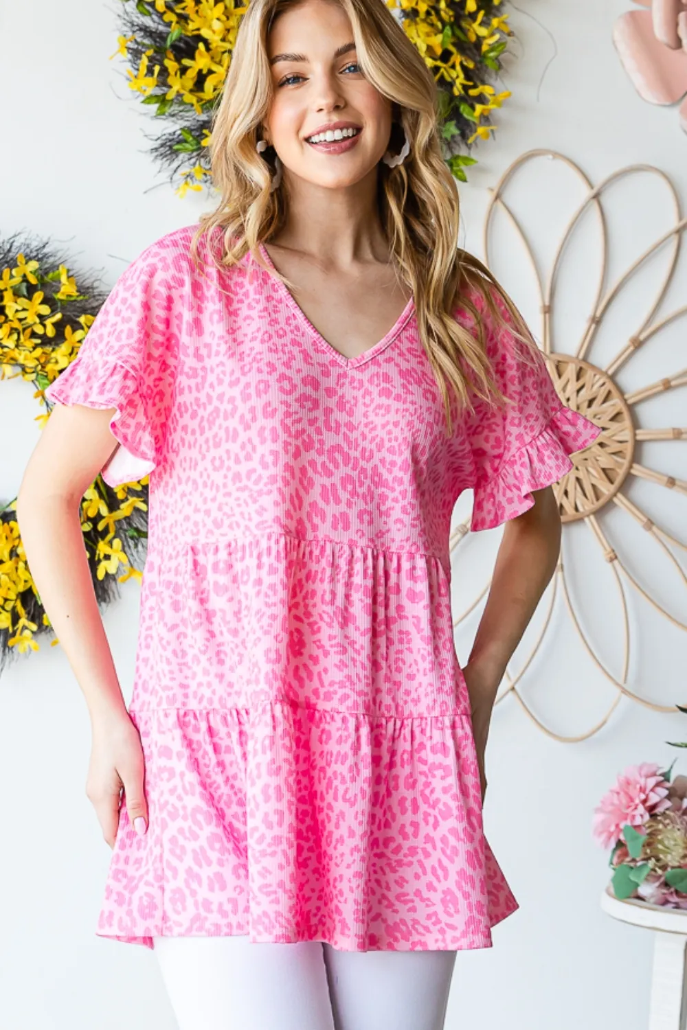 Full Size Leopard Ruffle Trim Short Sleeve Top, image 4