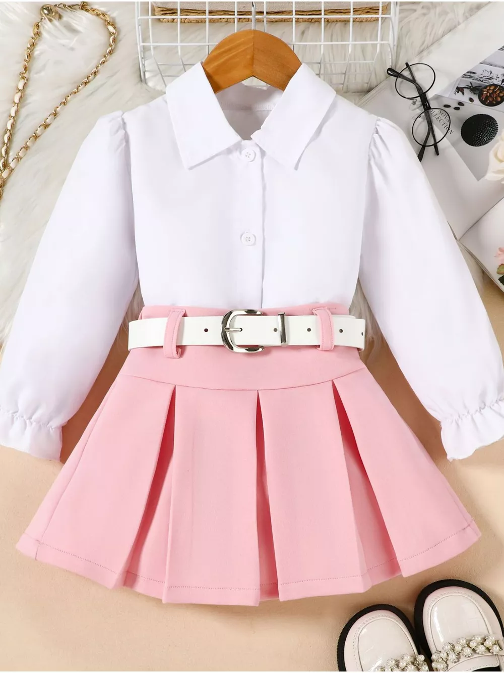 Children's Long Sleeve Shirt & Pleated Skirt Set with Belt, image 2