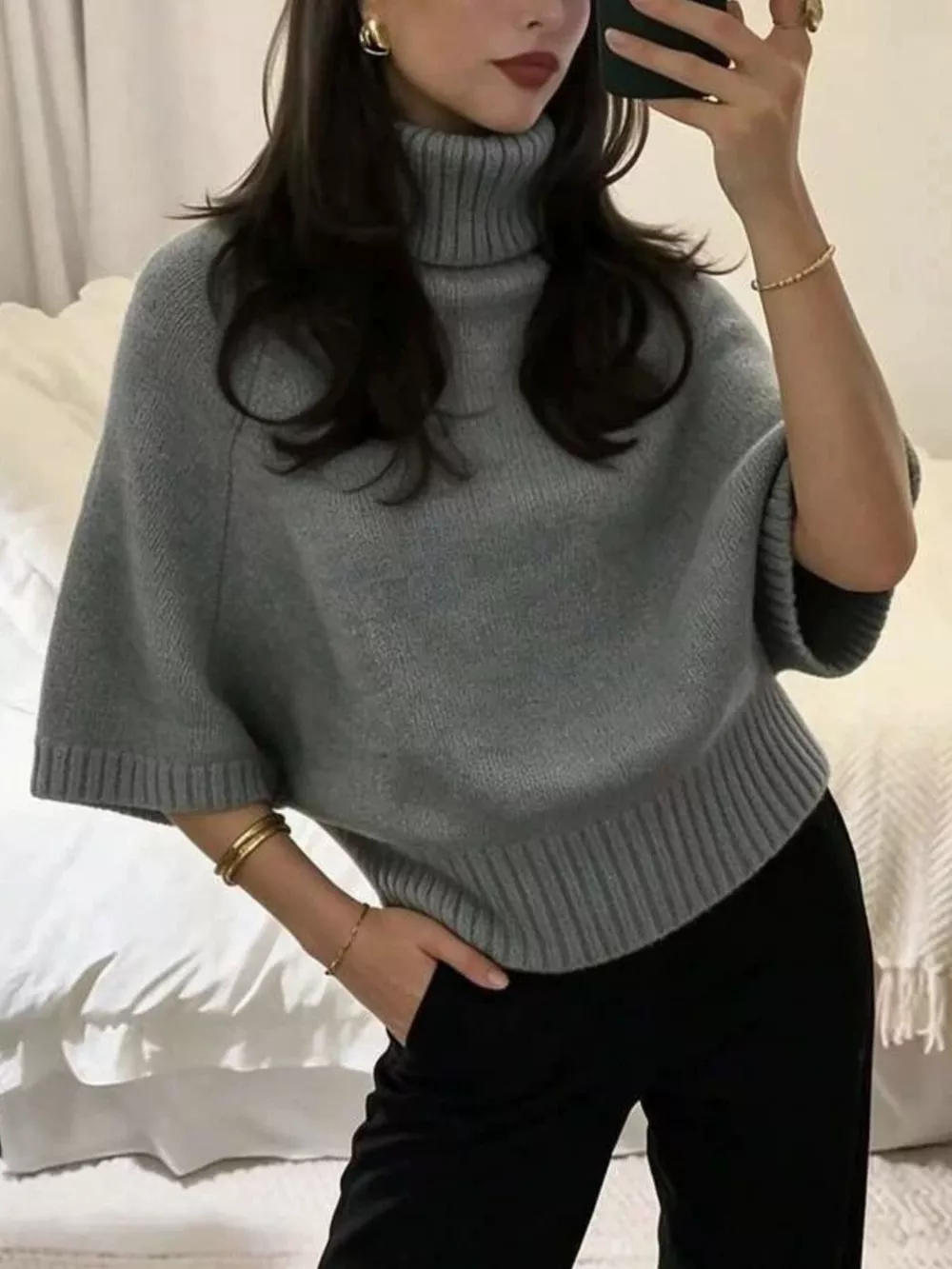 Turtleneck Batwing Sleeve Sweater, image 7