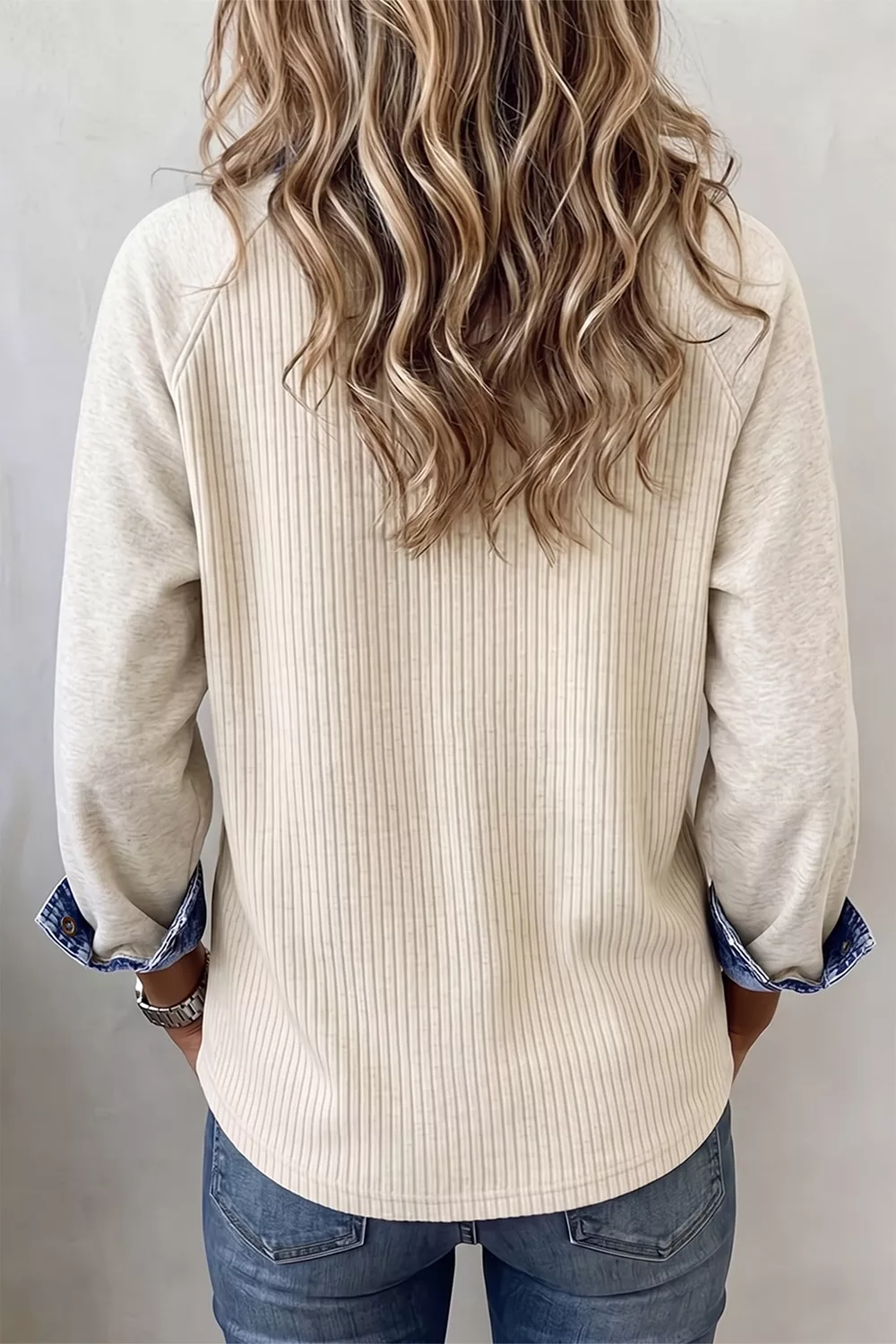 Ribbed Knit Denim Contrast Trim Top, image 2