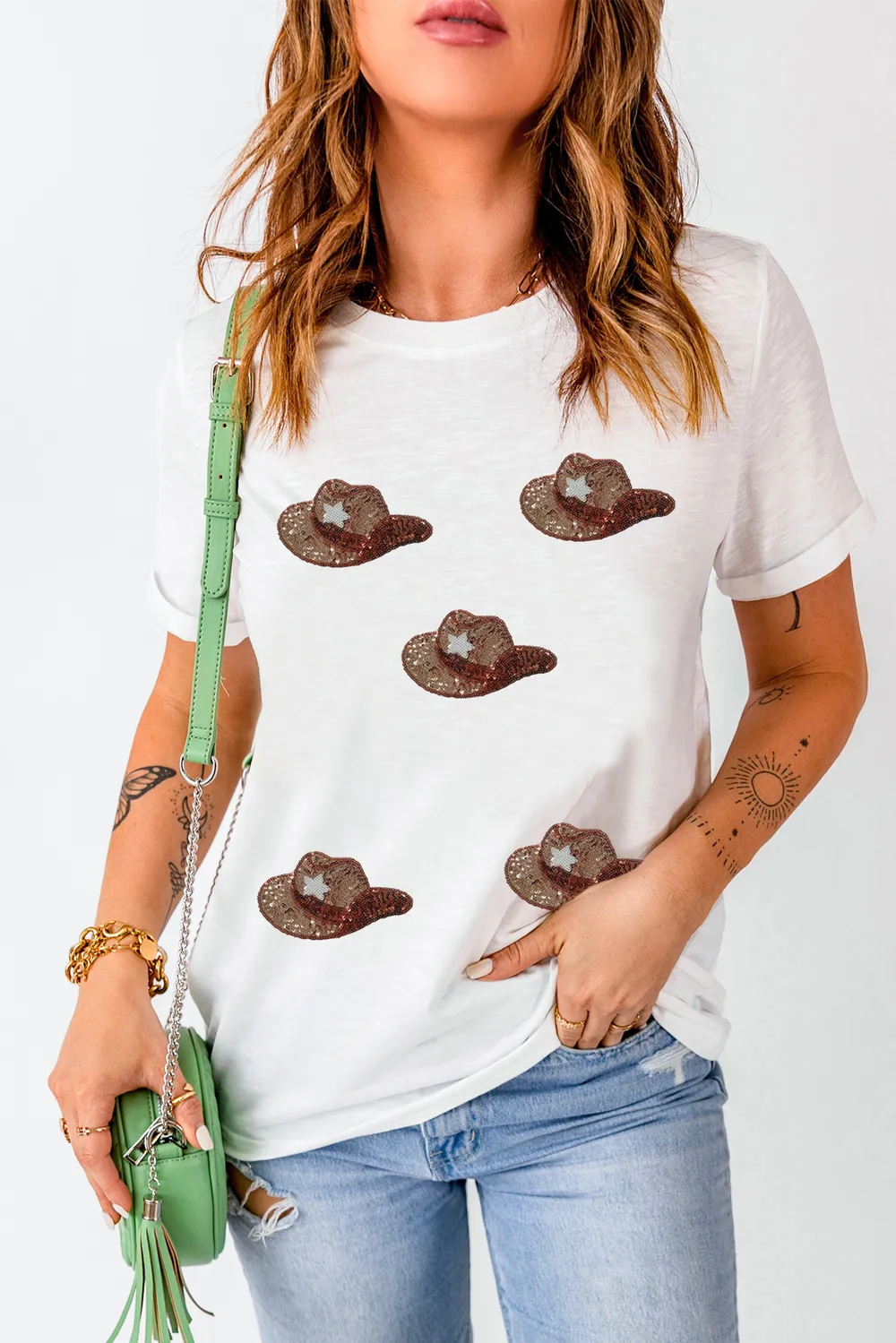 Sequin Hat Round Neck Short Sleeve T-Shirt, image 2