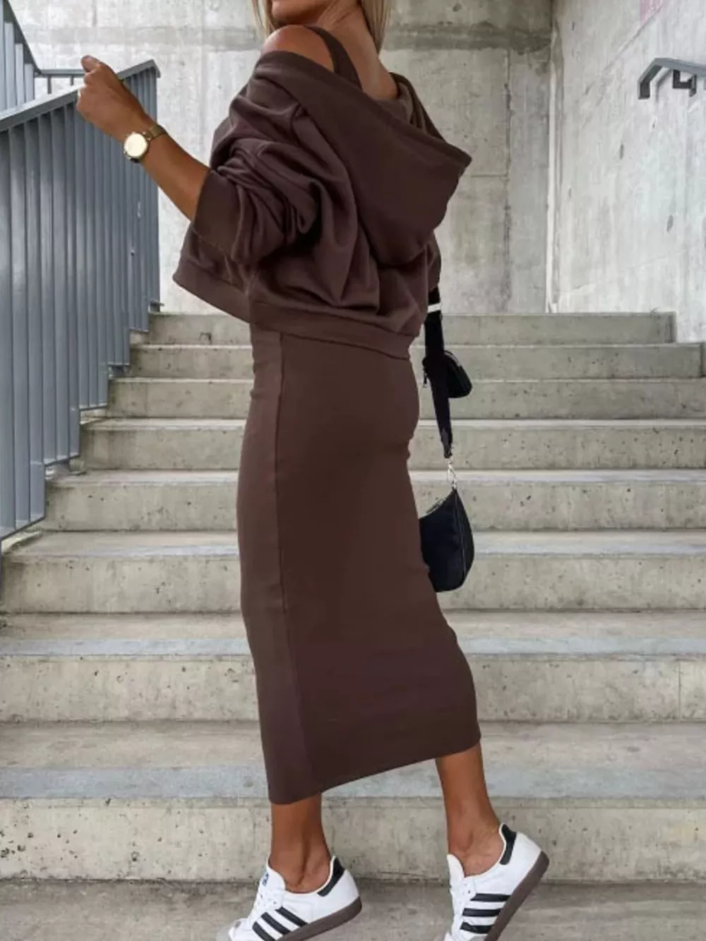 Solid Color Tank Dress and V-Neck Hoodie Set, image 5