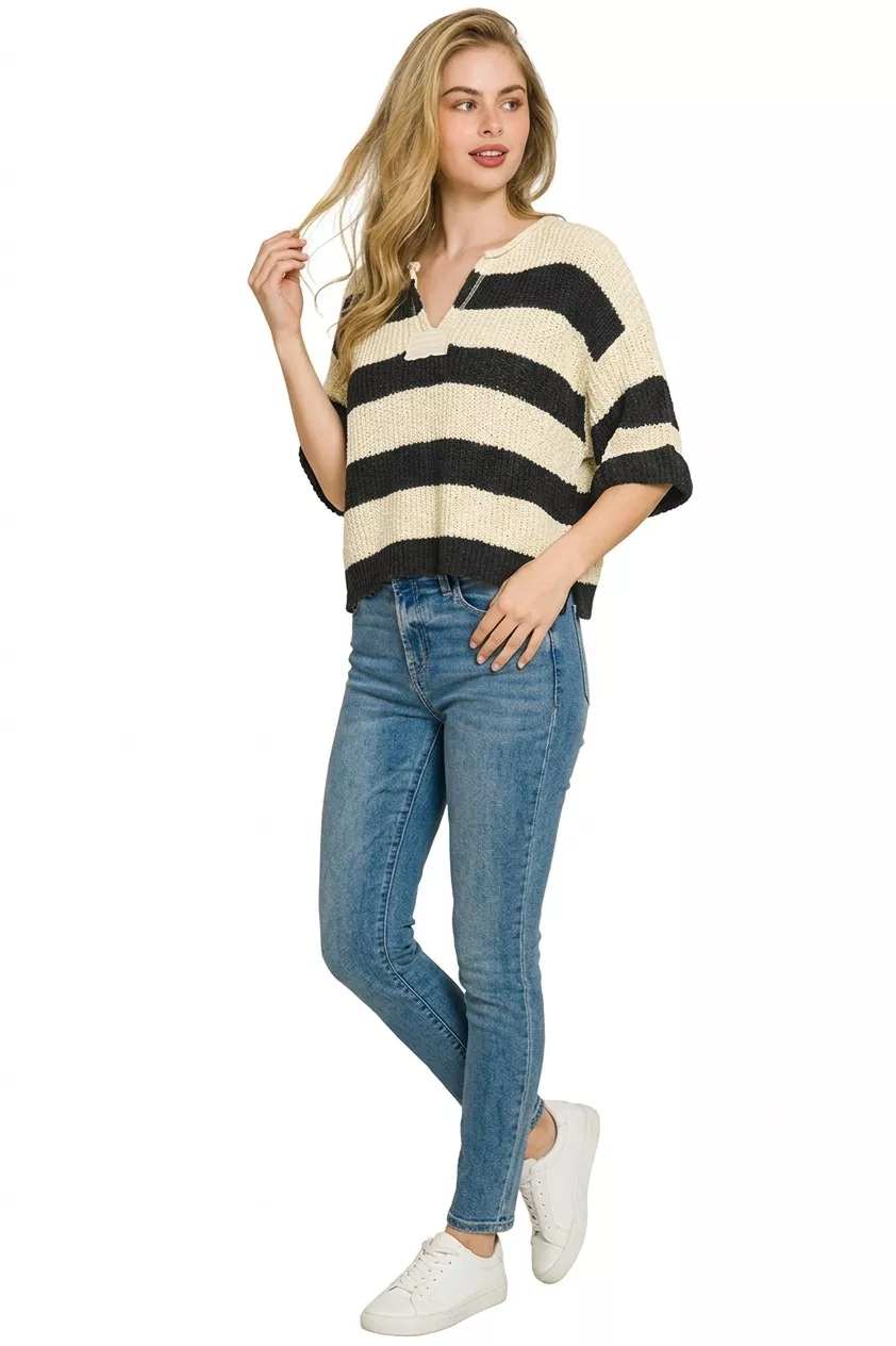 Split Neck Stripe Sweater, image 2