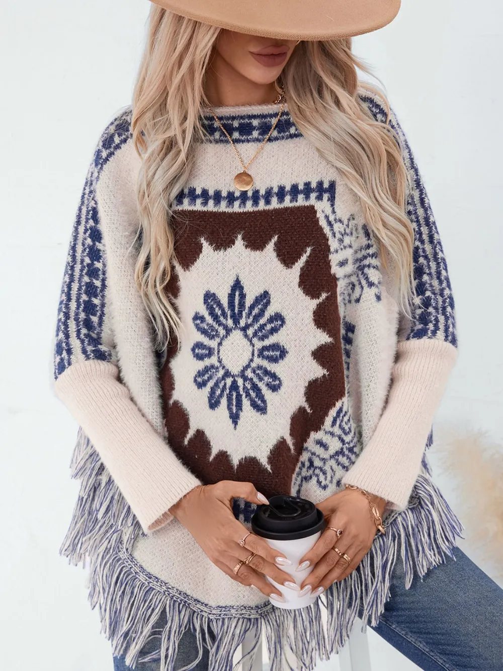 Fringe Geometric Long Sleeve Poncho, image 2