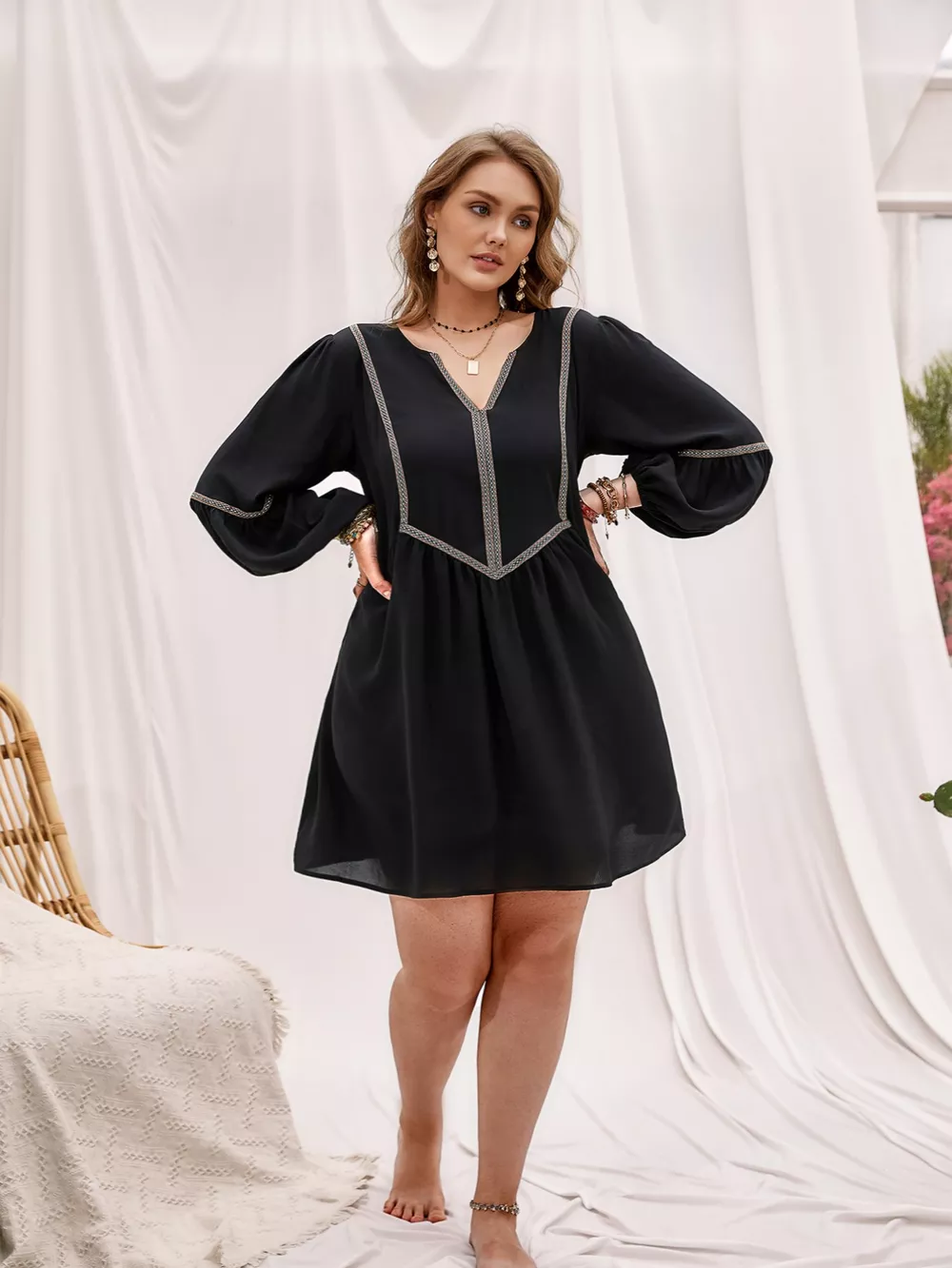 Plus Size Notched Balloon Sleeve Mini Dress, image 3