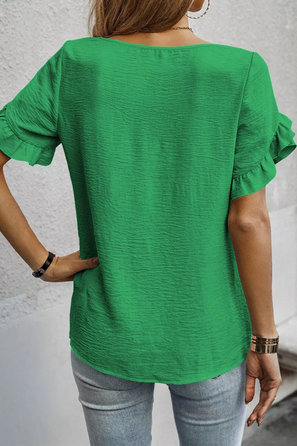 Solid Color Ruffle Trim Short Sleeve Blouse, image 13