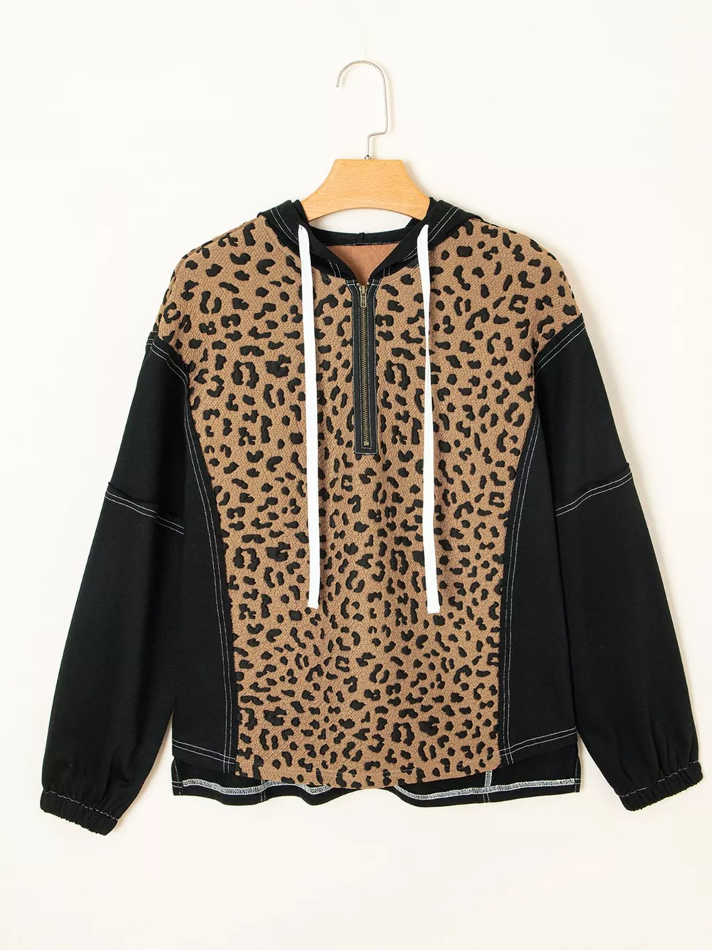 Leopard Patchwork Contrast Stitching Knotted Cuff Quarter Zip Hoodie, image 2