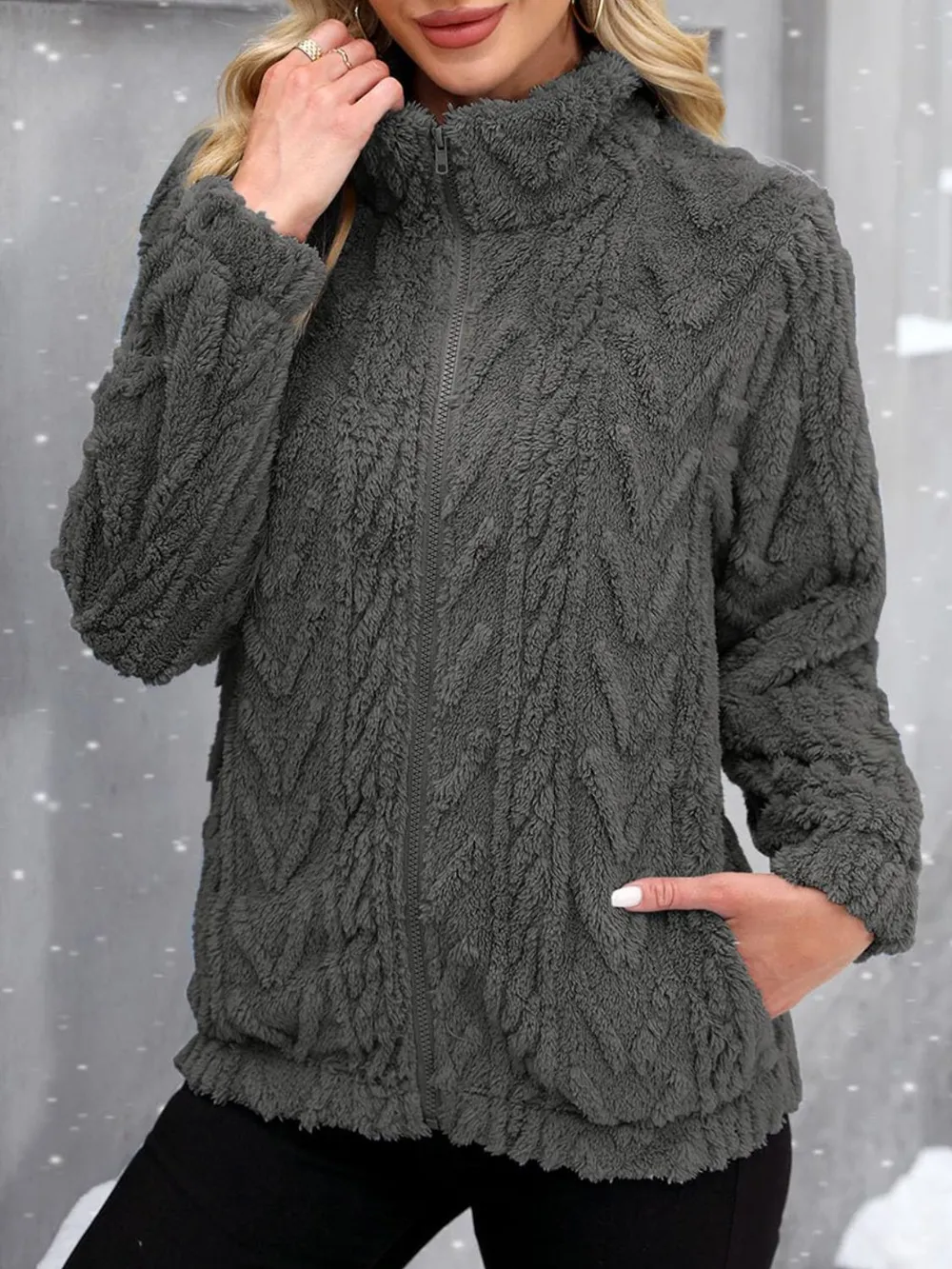 Fuzzy Zip Up Long Sleeve Jacket, image 4