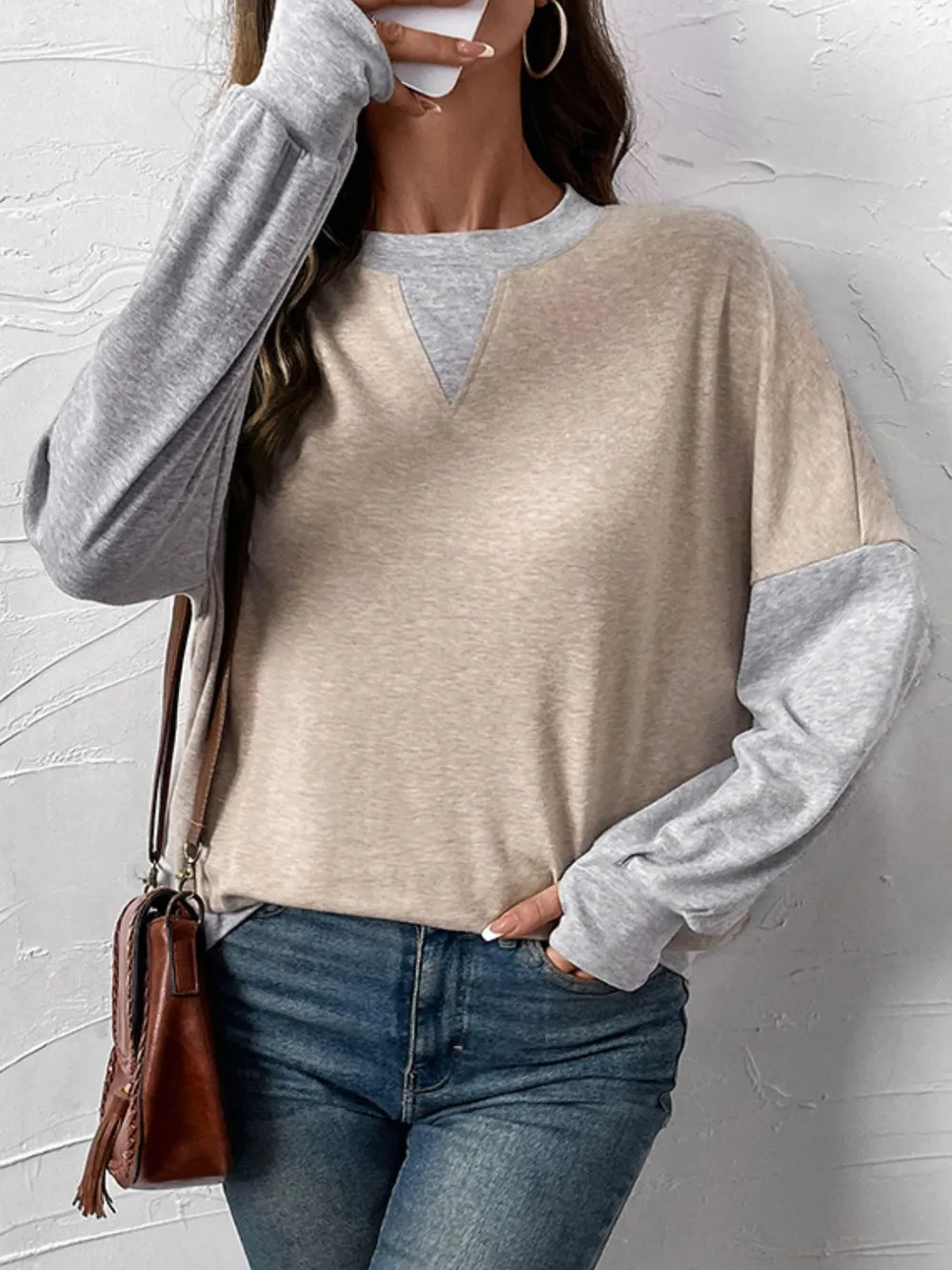 Contrast Round Neck Long Sleeve T-Shirt, image 2