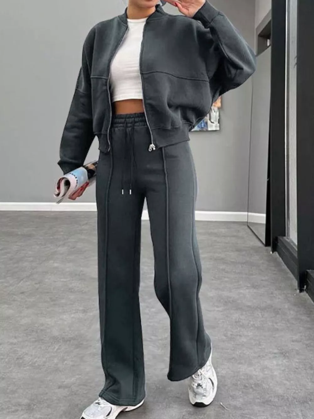 Baseball Collar Zip Up Outerwear and Drawstring Pants Set, image 6