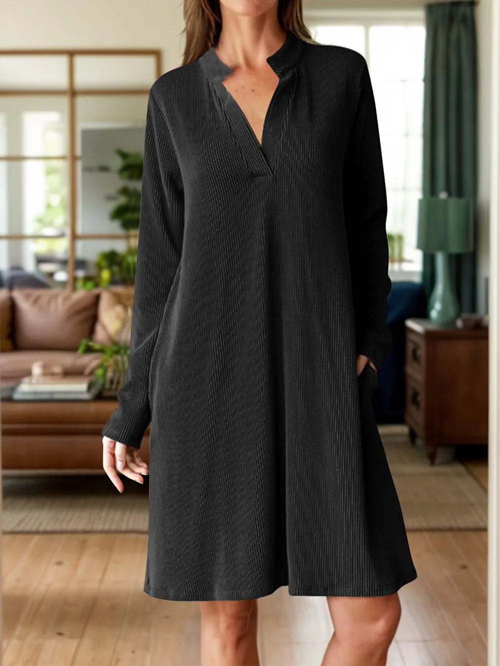 Notched Long Sleeve Mini Dress with Pockets, image 16