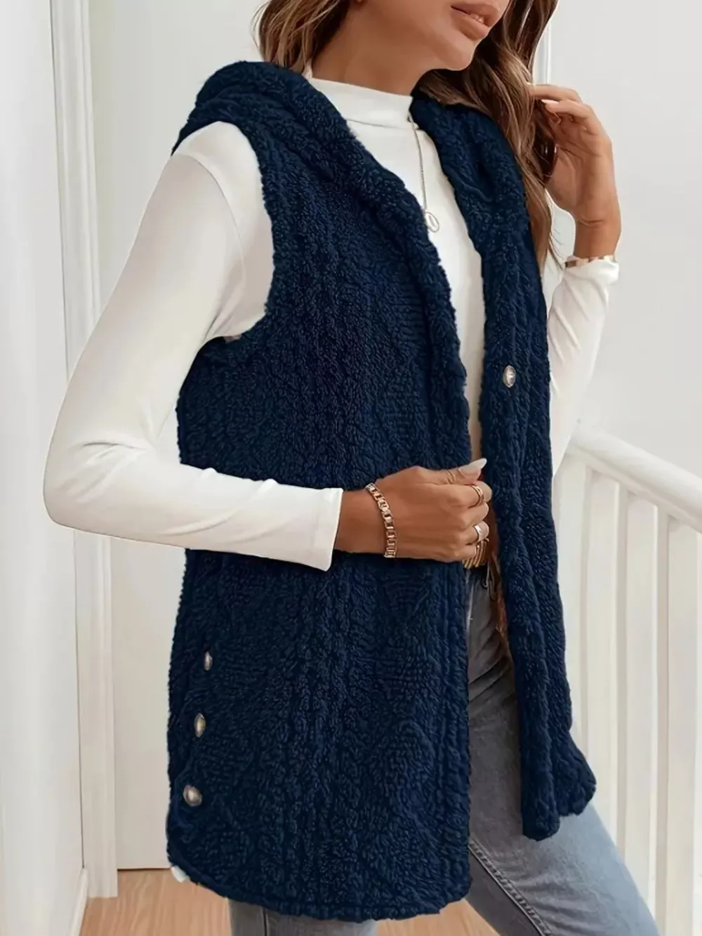 Hooded Button-Up Sherpa Vest Coat, image 4
