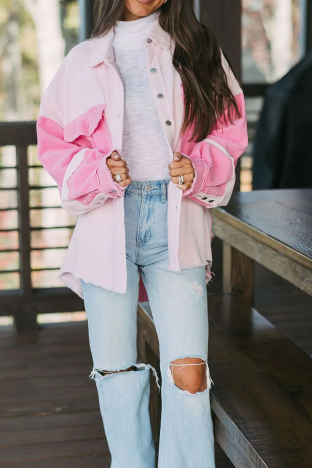 Two-tone Color Exposed Seam Corduroy Shacket, image 3