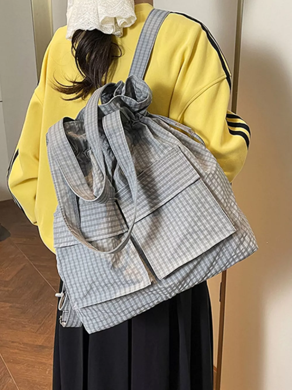 Convertible Plaid Drawstring Backpack Bag, image 7