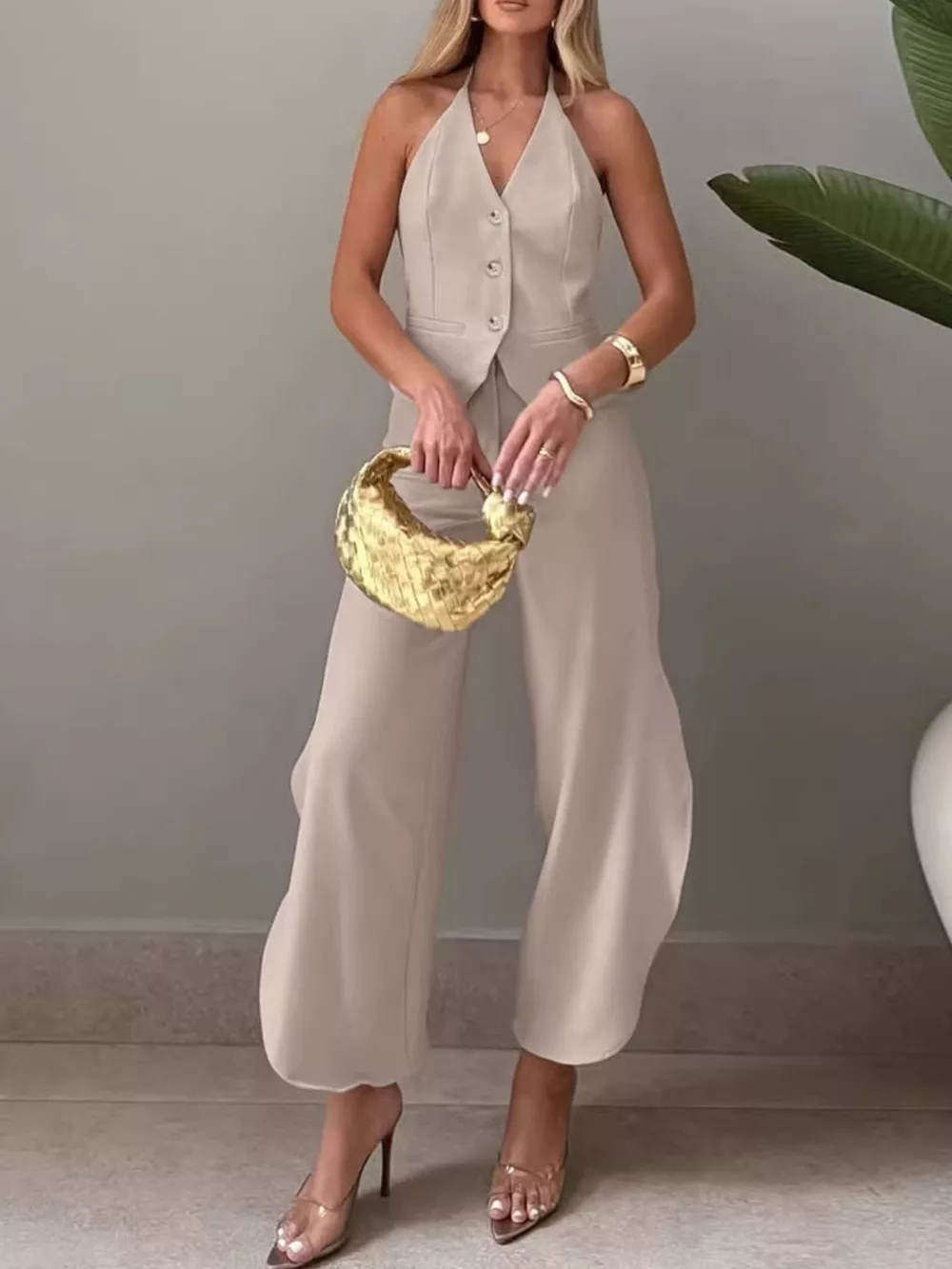 Halter Neck Vest & Wide Leg Pants Set, image 2