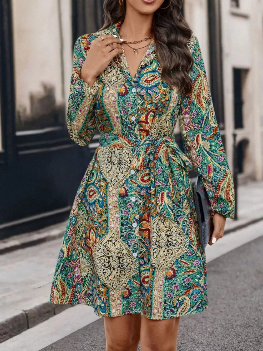 Paisley Print Button-Down Shirt Dress, image 3