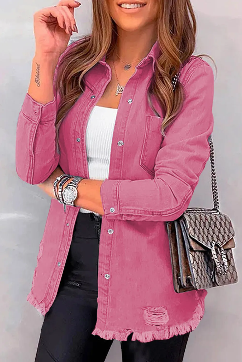 Distressed Raw Hem Snap Down Denim Jacket, image 2