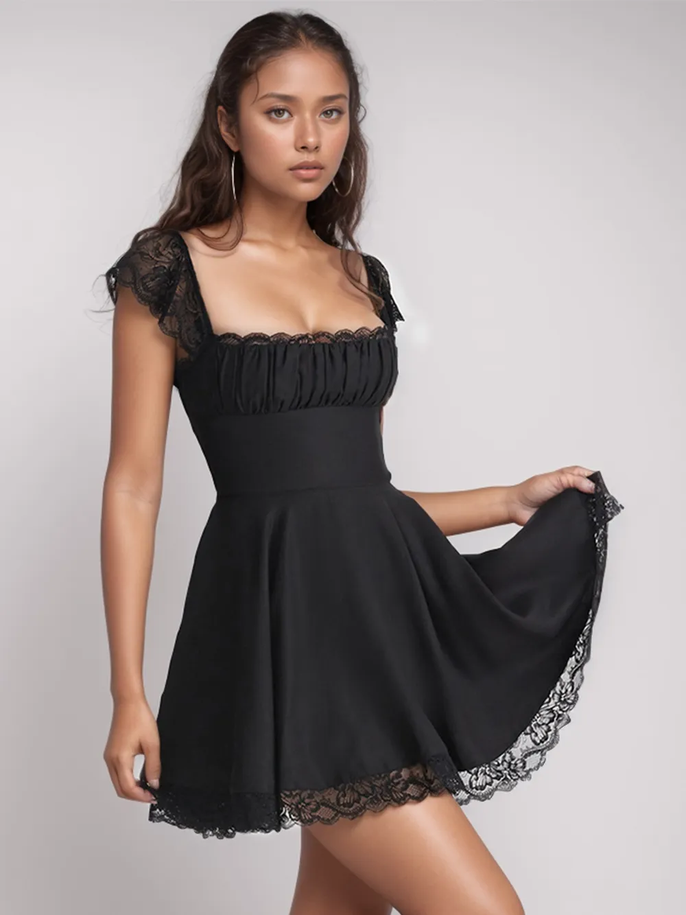 Lace Detail Square Neck Cap Sleeve Mini Dress, image 4