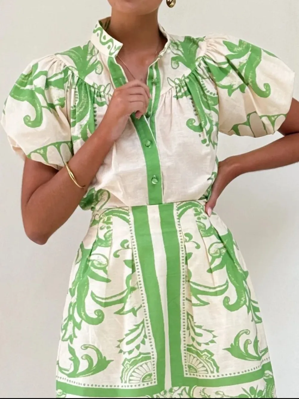 Puff Sleeve Printed Top and Zip Back Skirt Set, image 6