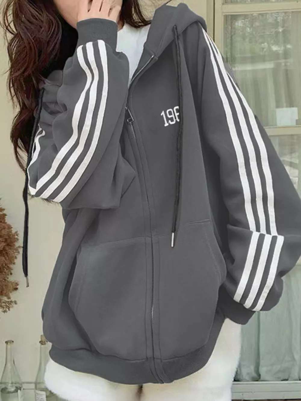 Striped Sleeve Zip-Up Hoodie