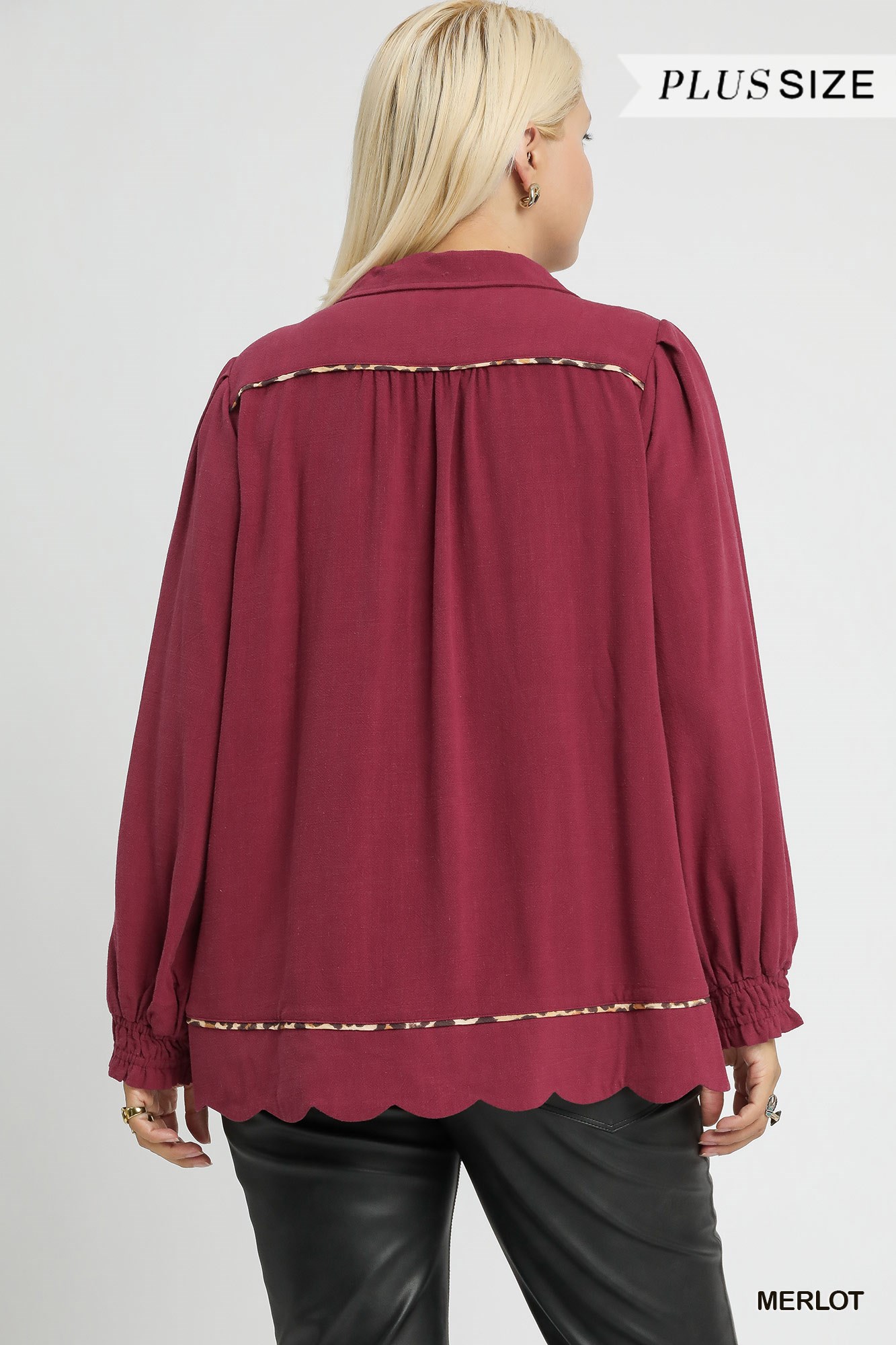 Full Size Linen Scallop Hem Blouse with Contrast Trim Plus Size, image 2