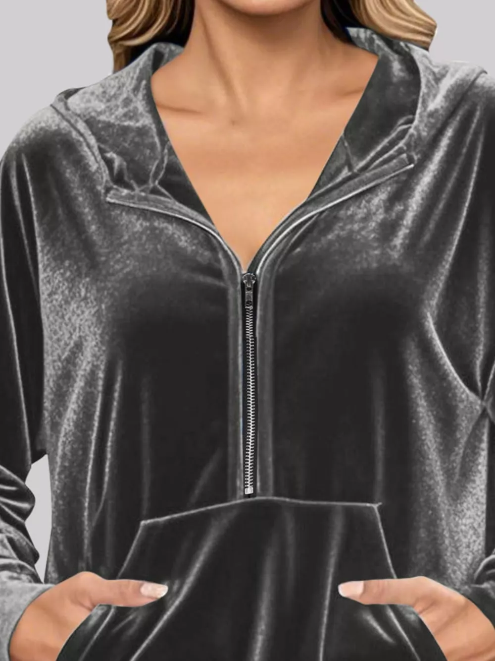 Full Size Velvet Half Zip Hoodie with Kangaroo Pocket Plus Size, image 3
