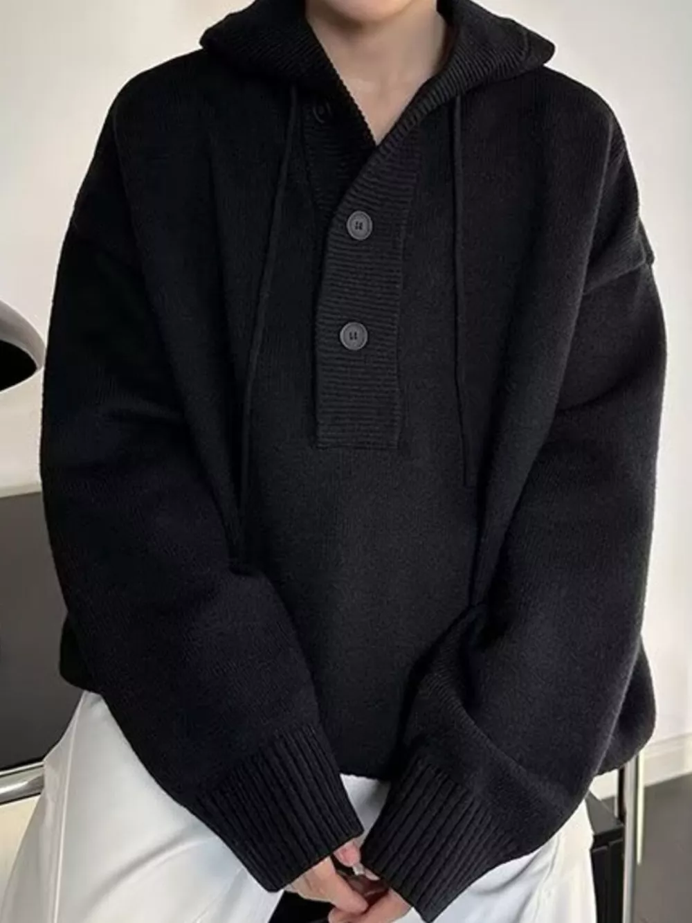Men's Plus Size Hooded Button Detail Knit Sweater