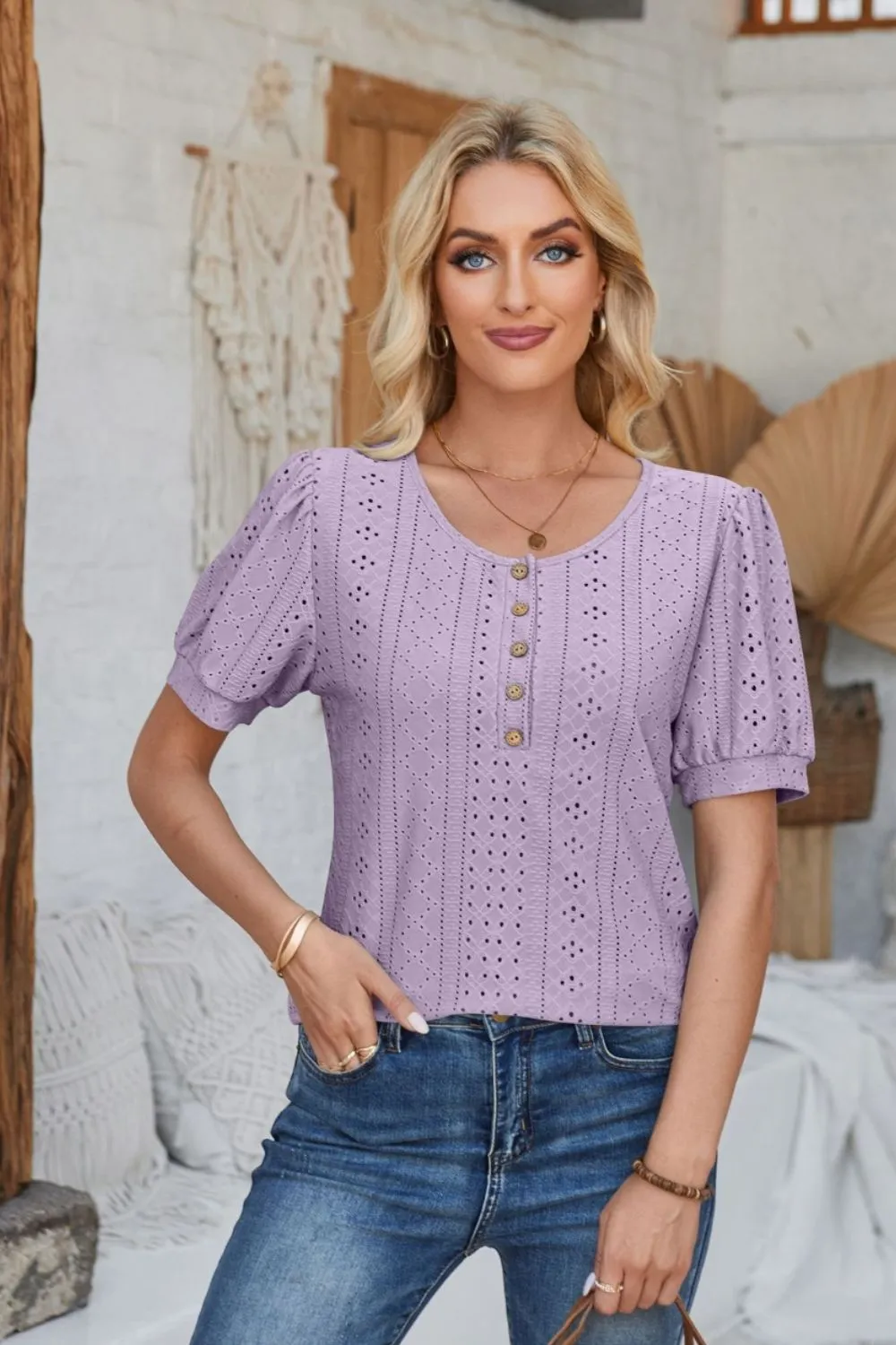 Eyelet Round Neck Short Sleeve Blouse, image 28