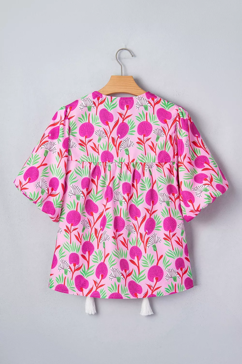 Floral Print Short Sleeve Contrast Patchwork Tassel Tie Blouse, image 9