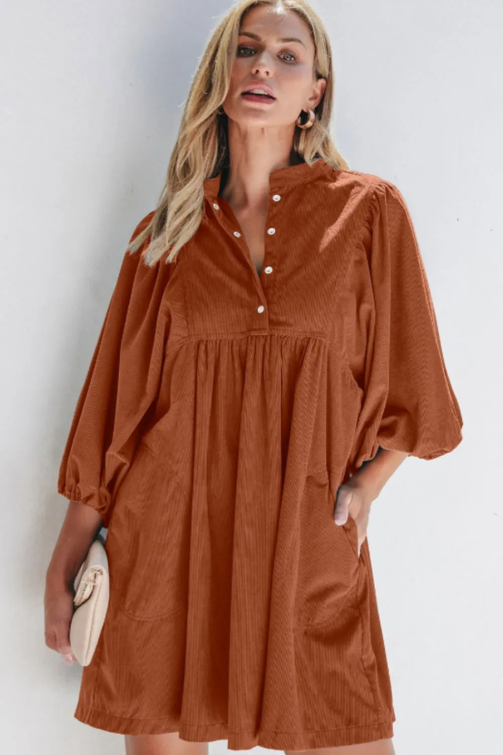 Corduroy Quarter Snap Three-Quarter Sleeve Dress, image 2