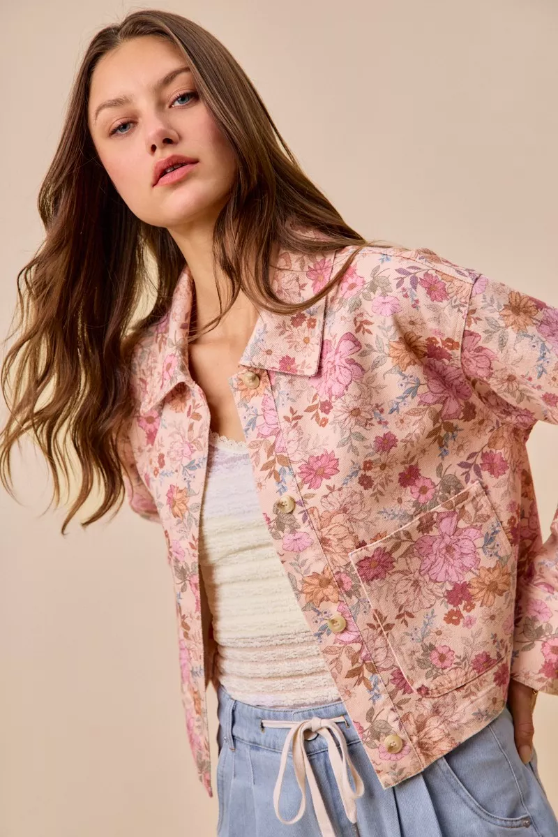 Floral Print Cotton Twill Button Down Barn Jacket, image 4