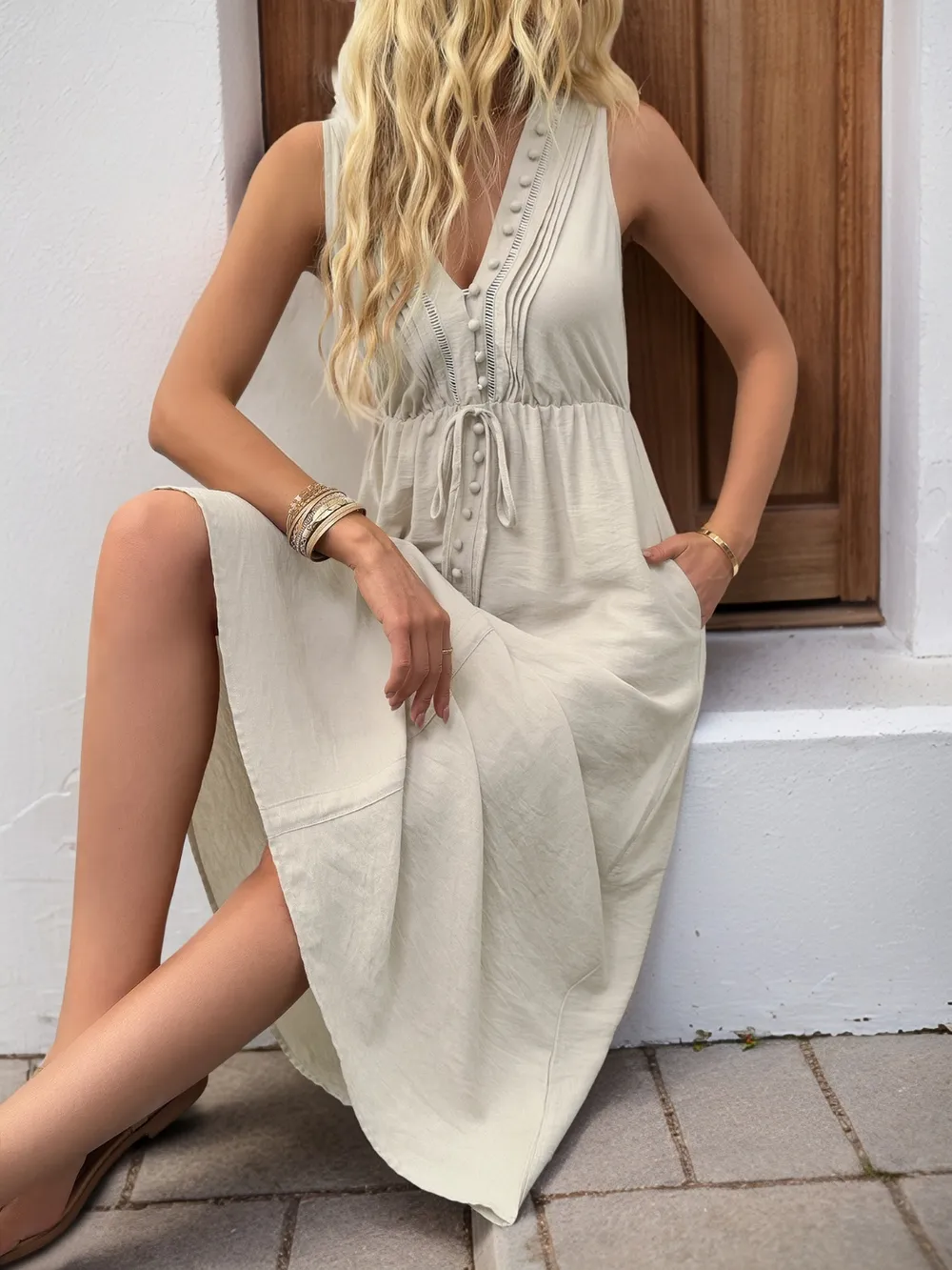 V-Neck Sleeveless Midi Dress, image 2