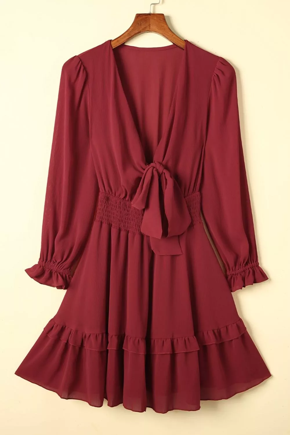Elegant Tie-Front Ruffle Mini Dress with Smocked Wiast, image 7