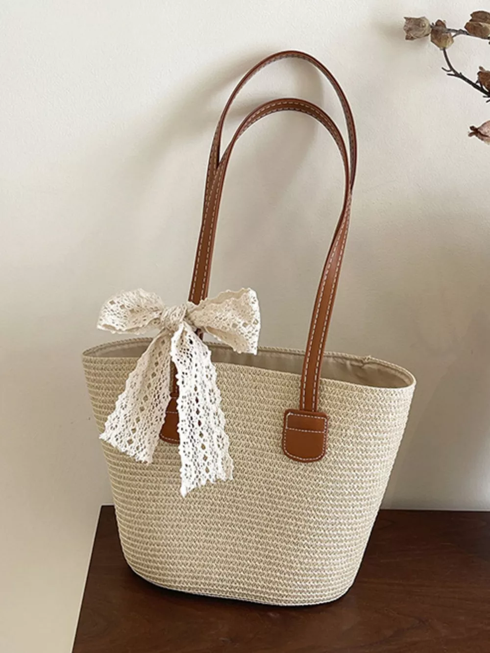Straw Shoulder Bag with Lace Bow, image 5
