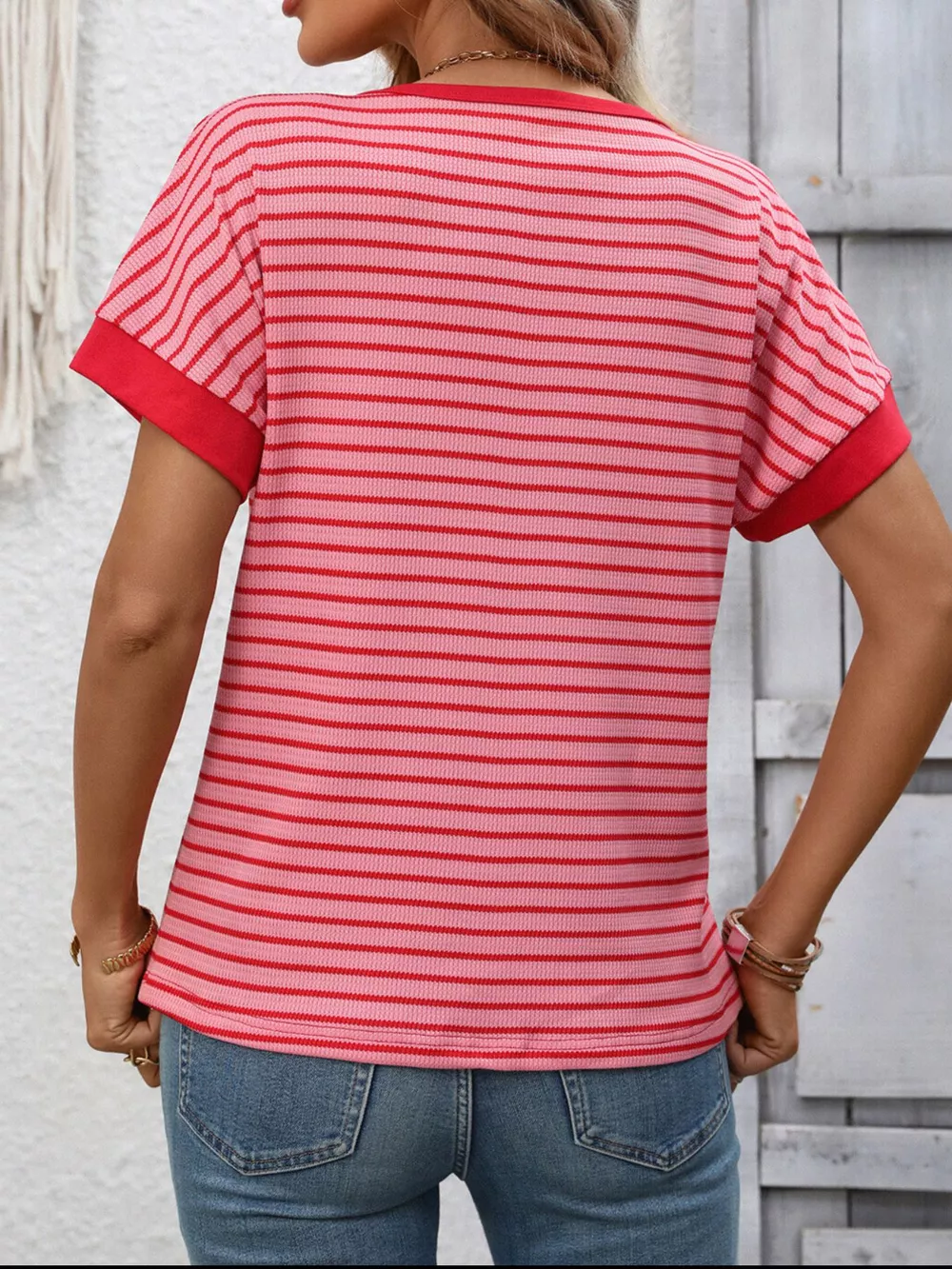 Striped Ribbed Knit Short Sleeve T-Shirt, image 2