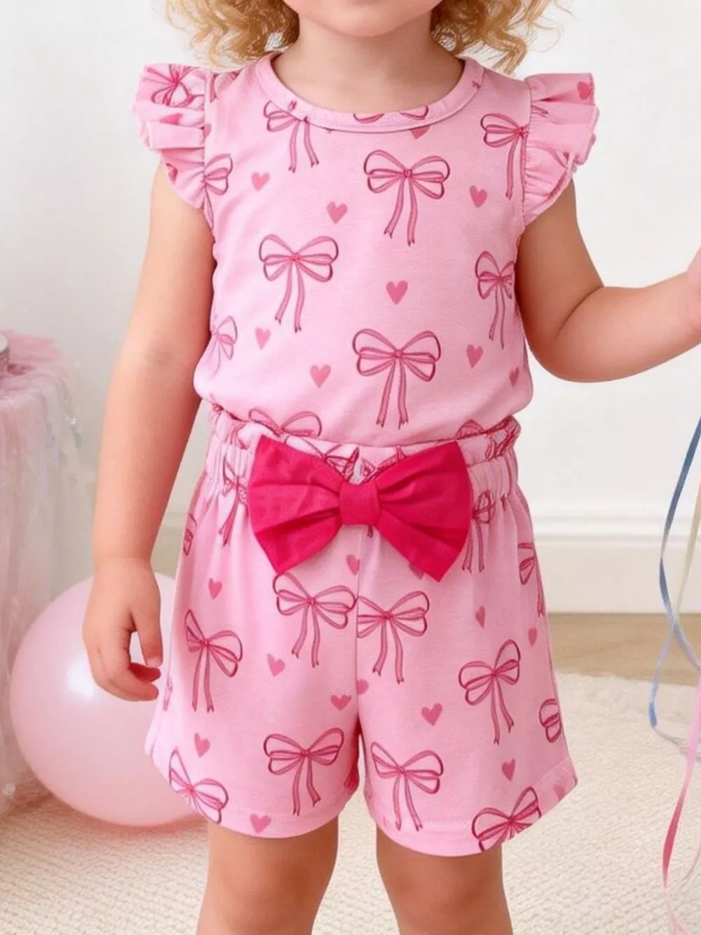Children's Bowknot Ruffle Sleeve Top and Shorts Set, image 2