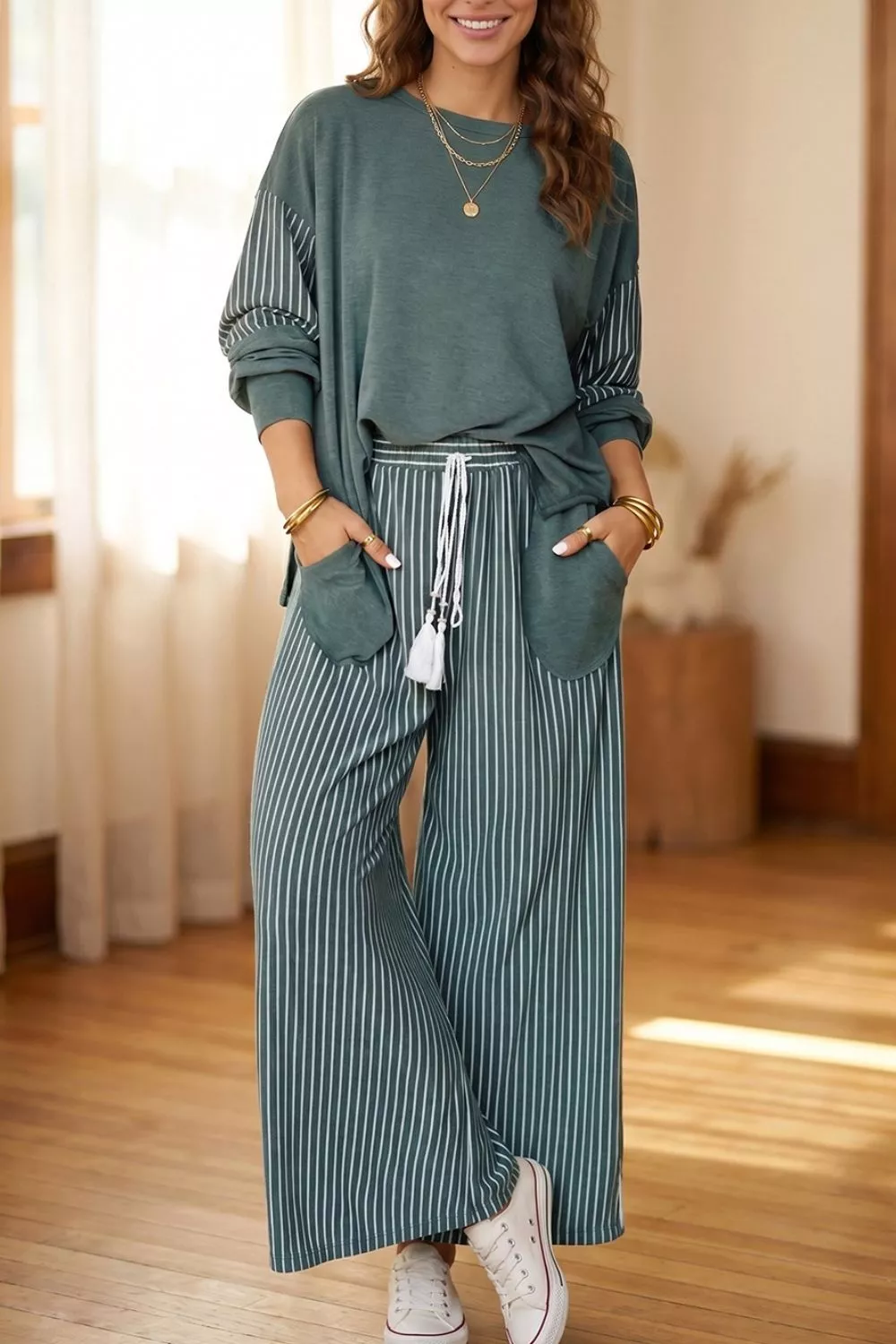 Raw Seam Patchwork Long Sleeve Top Pocket Casual Pants 2pcs Set, image 2