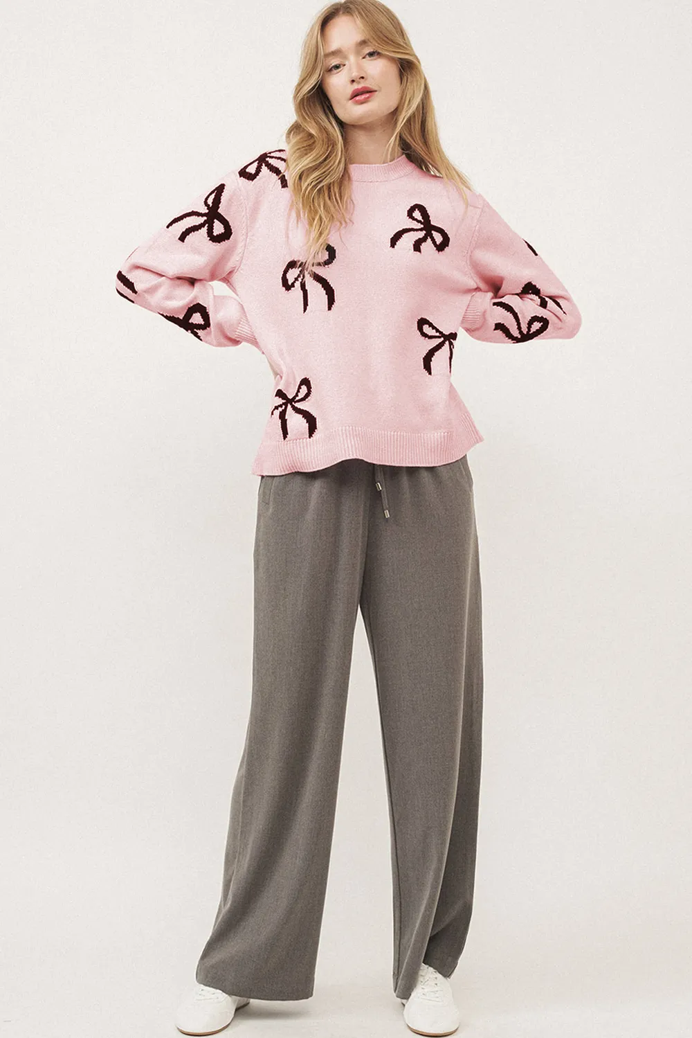 Bow Pattern Round Neck Loose Fit Sweater, image 10
