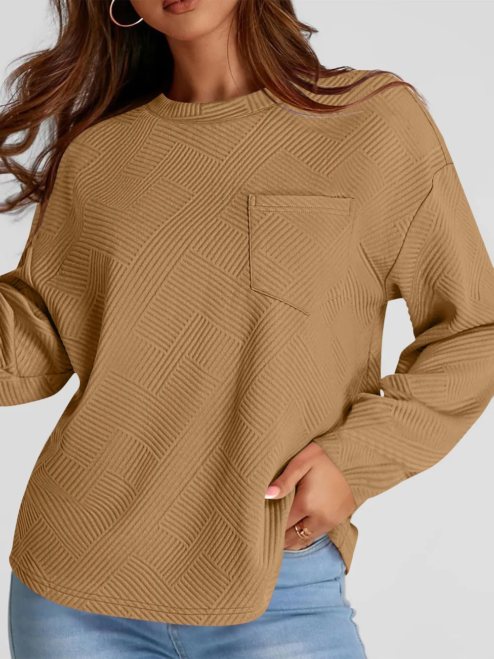 Full Size Texture Round Neck Long Sleeve Sweatshirt, image 6