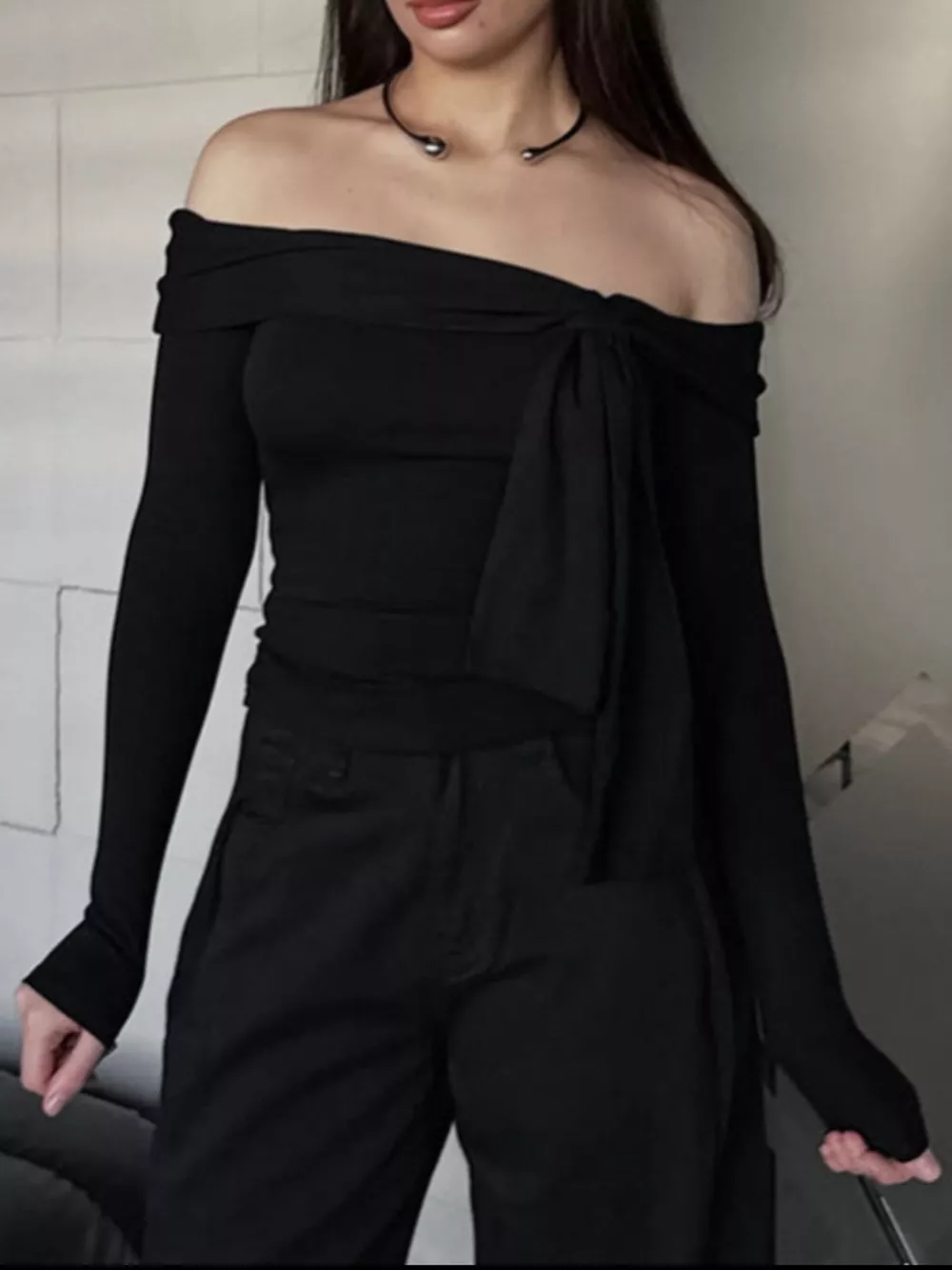 Off-Shoulder Tie-Front Long Sleeve Blouse, image 4