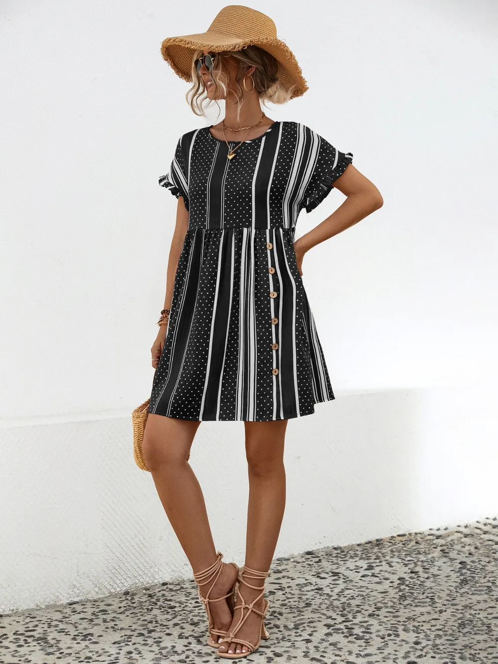 Striped Polka Dot Frill Short Sleeve Mini Dress, image 2