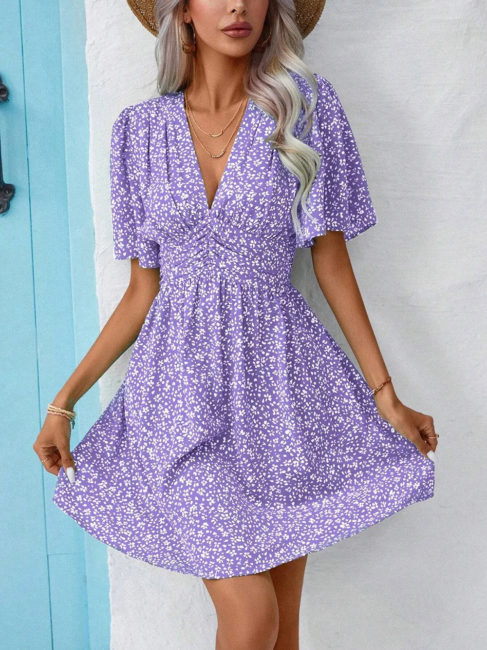 Printed V-Neck Half Sleeve Mini Dress, image 6