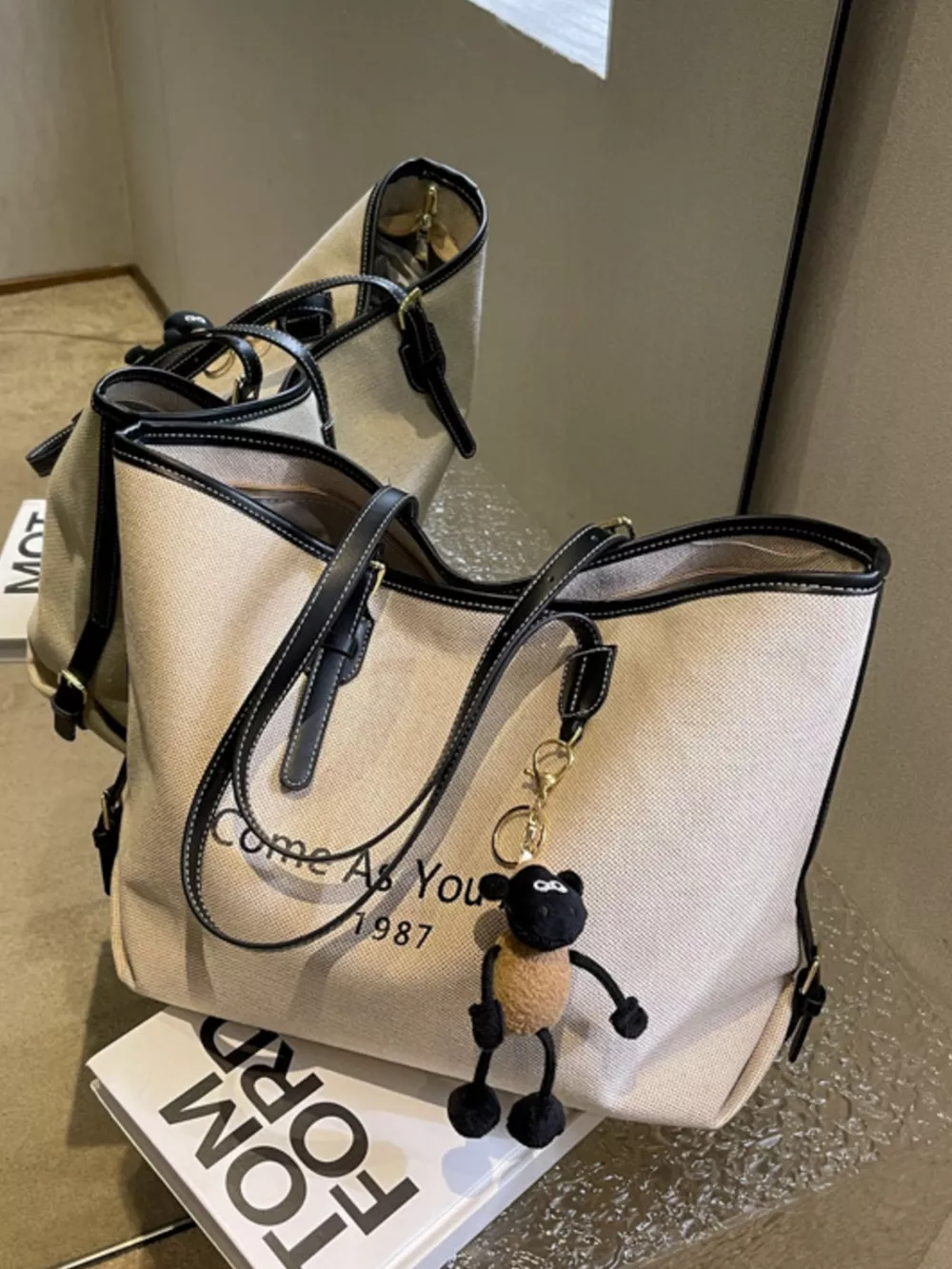 Canvas Tote Shoulder Bag with Charm, image 3