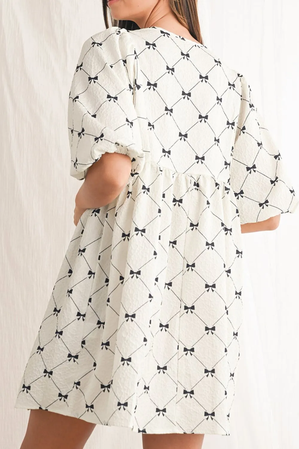 Bow Print Tie Neck Half Sleeve Dress, image 3