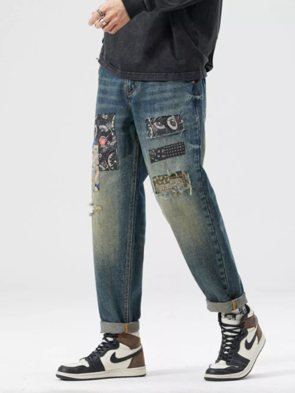 Men's Patchwork Ripped Loose Fit Jeans, image 4