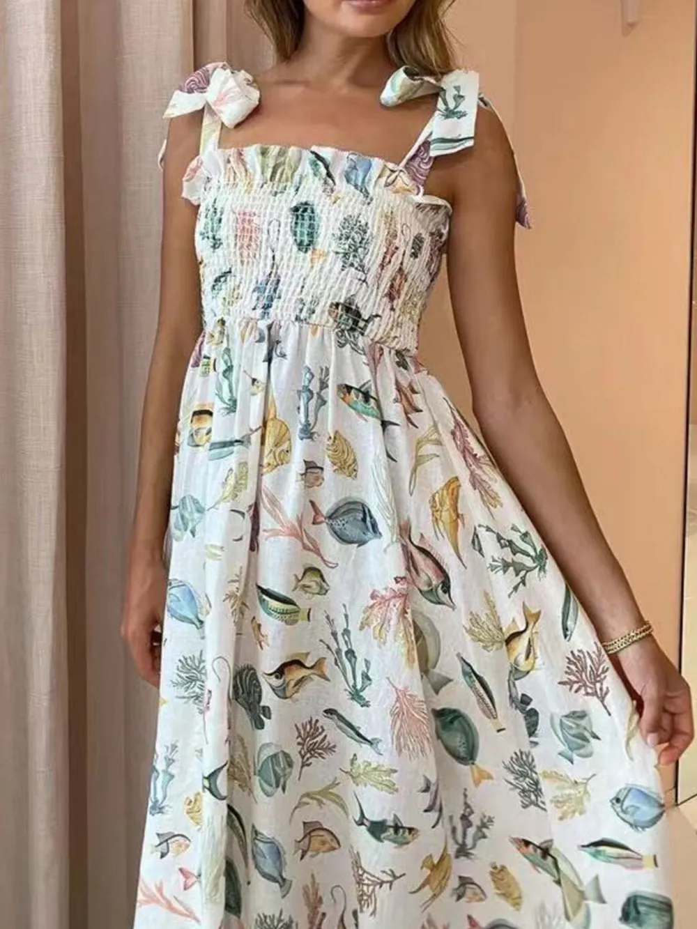 Floral Tie Shoulder Smocked Bodice Summer Dress, image 2