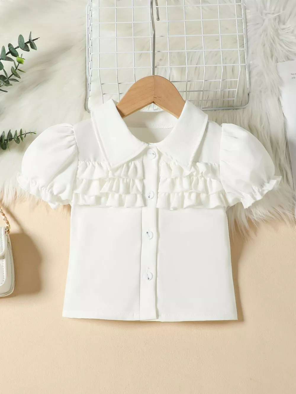 Children's Ruffle Trim Puff Sleeve Top & Pleated Skirt Set, image 3