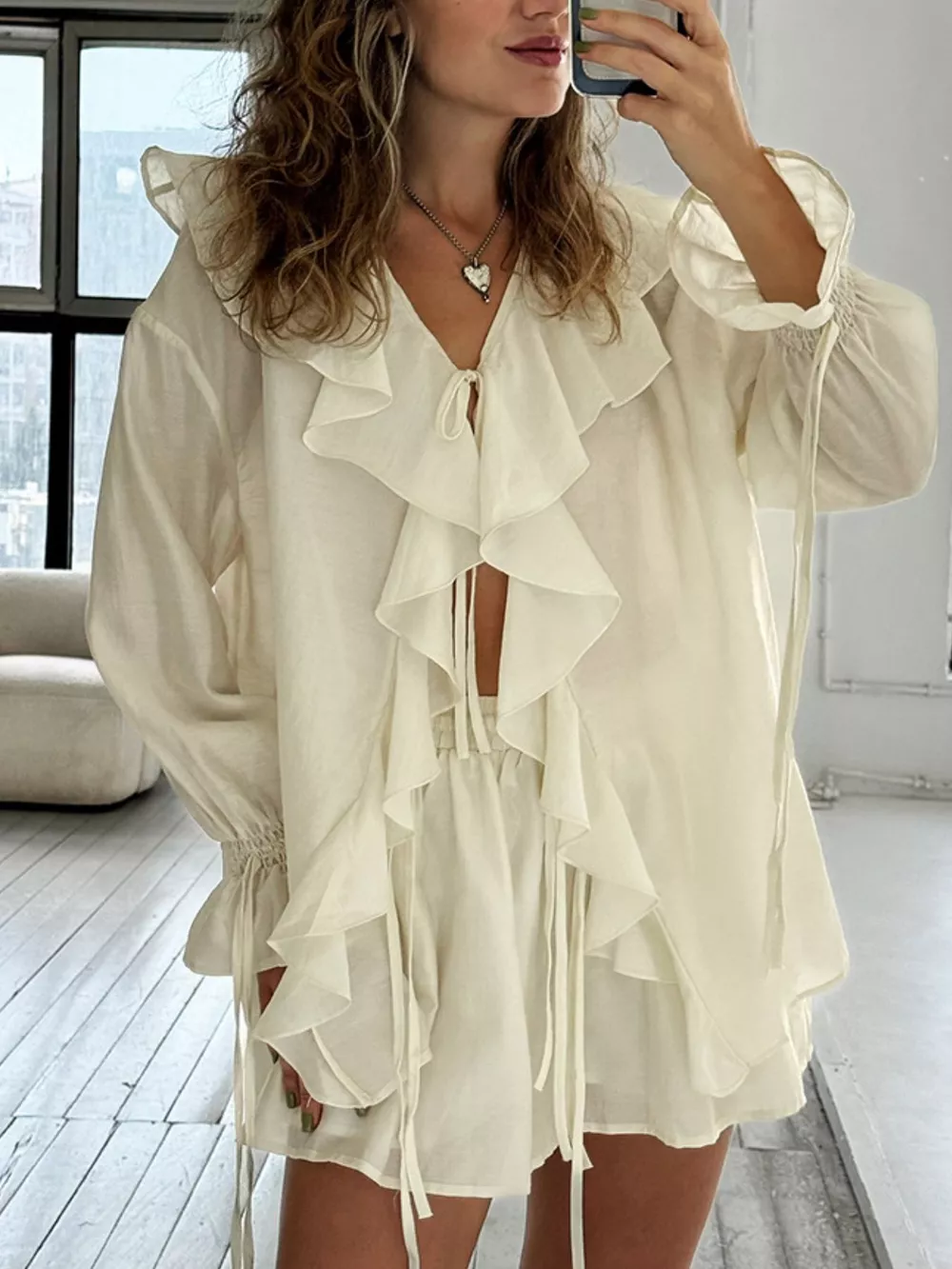Ruffled Tie Front Blouse and Shorts Set, image 5
