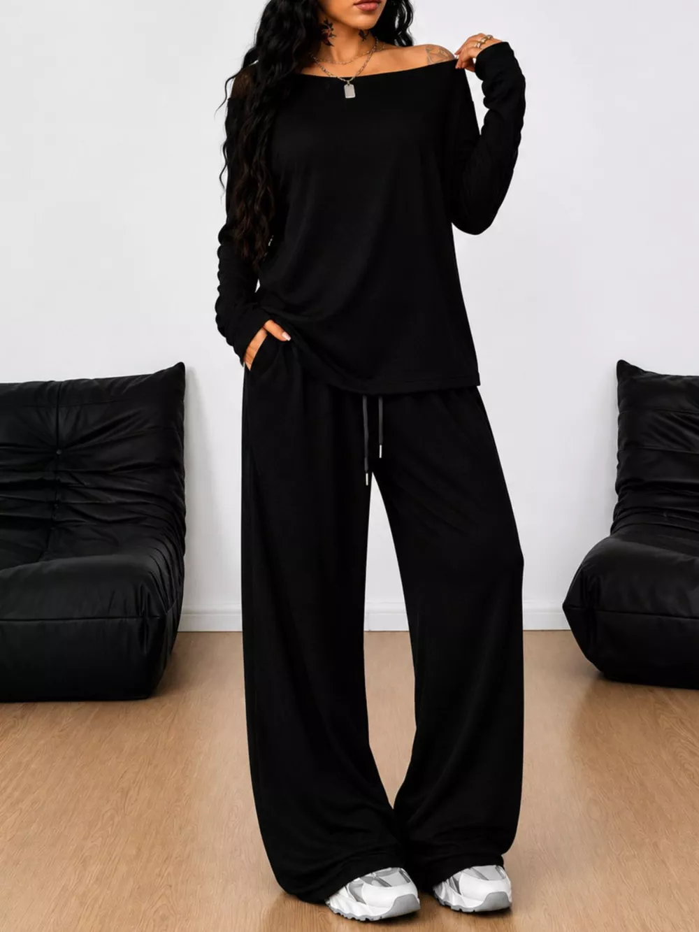 Full Size Comfortable Loose Fit One-Shoulder T-Shirt and Pants Set Plus Size, image 15