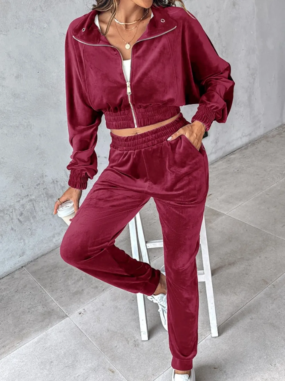 Zip Up Long Sleeve Cropped Top and Joggers Set, image 13
